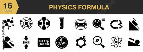 Physics Formula icon set. Includes proton, radiation, test tube, photon, force, acceleration, and More. Solid icons vector collection.