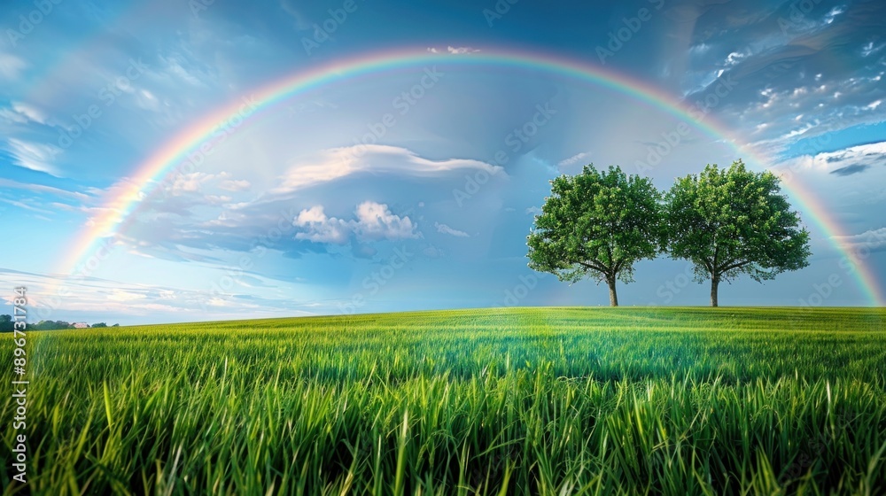 Naklejka premium Rainbow Over Lush Meadow