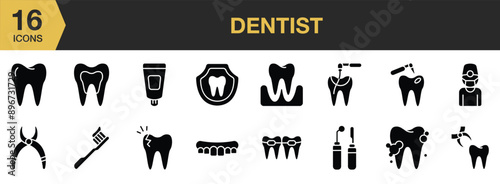 Dentist Glyph icon set. Includes dental nippers, dental protection, toothbrush, caries treatment, and More. Solid icons vector collection.