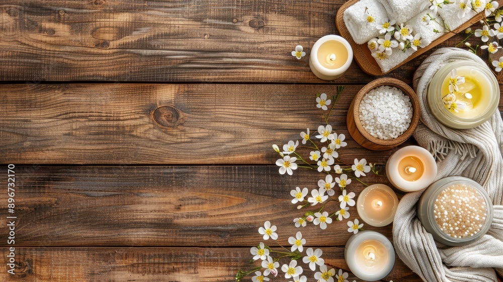 Spa setup with body care items on wooden surface cleanliness and massage theme space for text top view Spa setup with body care items on wooden surface cleanliness and massage theme space for text top view