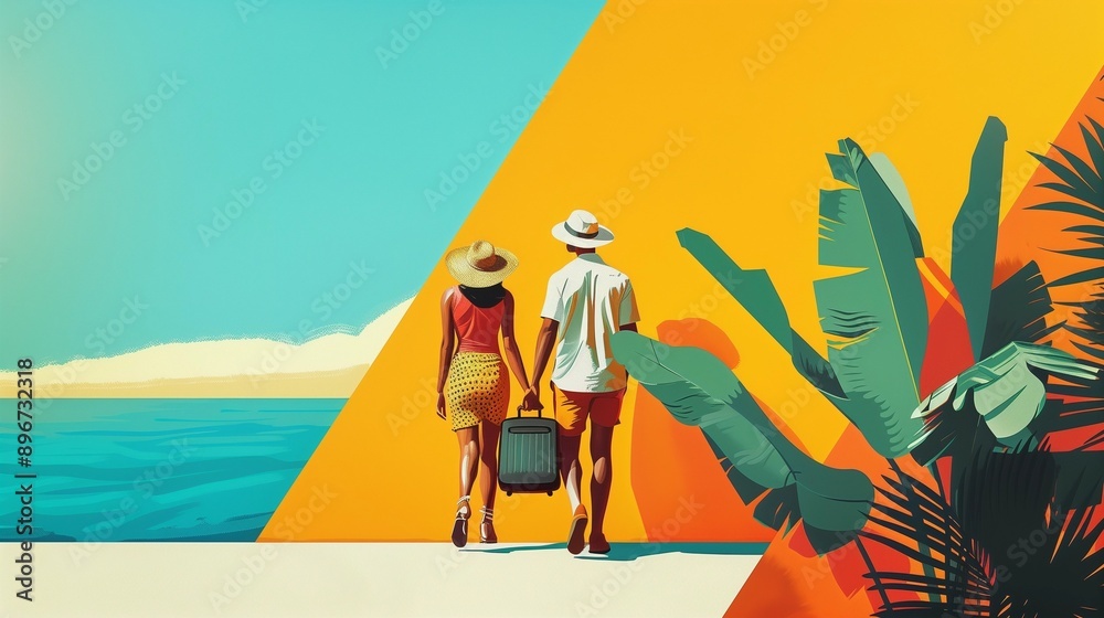 Obraz premium person on the beach, travel poster, traveler, summer vacation, trip, palm tree