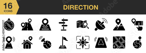 Direction Glyph icon set. Includes signpost, satelite, navigator, road, wind rose, rote click, and More. Solid icons vector collection.