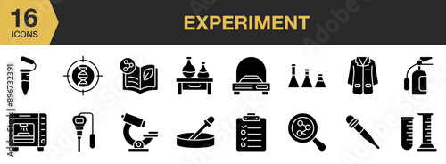 Experiment Glyph icon set. Includes analytical balance, dna sequencer, lab table, lab coat, ph meter, petri dish, and More. Solid icons vector collection.