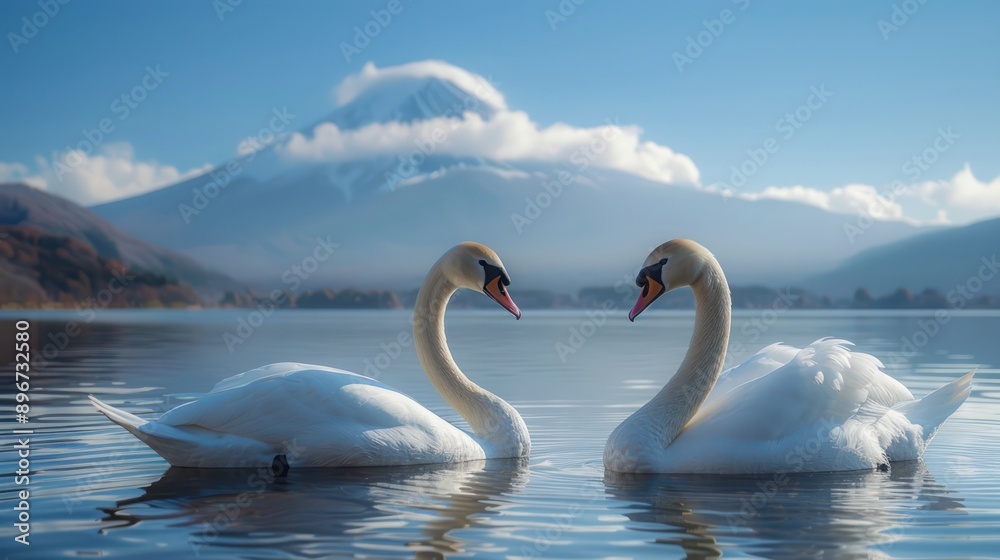 Obraz premium Beautiful swans pair up in the lake with fuji moutain background