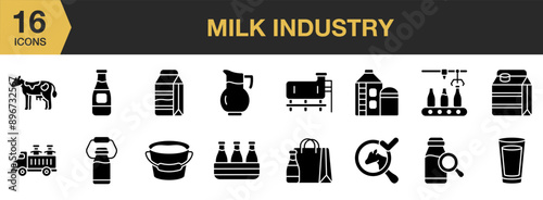 Milk Industry Glyph icon set. Includes milk jug, milk crate, milk storage tank, milk silo, milk tanker, and More. Solid icons vector collection.