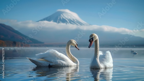 Beautiful swans pair up in the lake with fuji moutain background