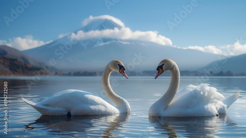 Fototapeta Naklejka Na Ścianę i Meble -  Beautiful swans pair up in the lake with fuji moutain background