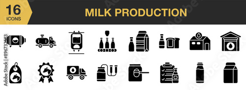 Milk Product Glyph icon set. Includes box milk, best milk product, milk filtration, bottle milk, and More. Solid icons vector collection.