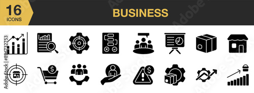 Business Glyph icon set. Includes meeting, sales, risk, product development, management team, and More. Solid icons vector collection.