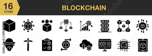 Blockchain Glyph icon set. Includes blockchain, database, transaction, mining, app, anonymity, and More. Solid icons vector collection.