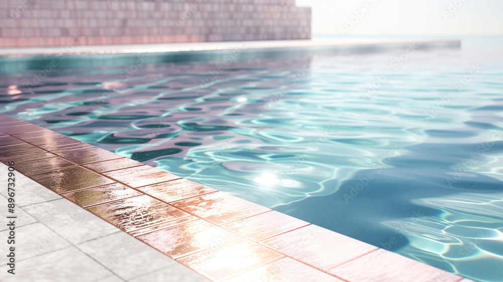 Obraz premium A close-up of a sparkling blue pool with a copper tile border, background, copy space