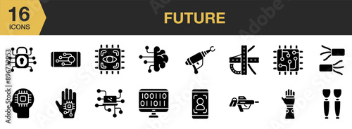 Future Glyph icon set. Includes computer network, binary code, cable, chip, cyber highway, and More. Solid icons vector collection.