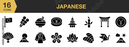 Japanese Glyph icon set. Includes dango, kimono, origami, japan fan, japan gate, and More. Solid icons vector collection.