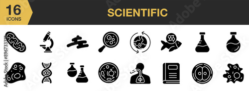 Scientific Glyph icon set. Includes zygote, respiration, microorganism, research, knowledge, and More. Solid icons vector collection.