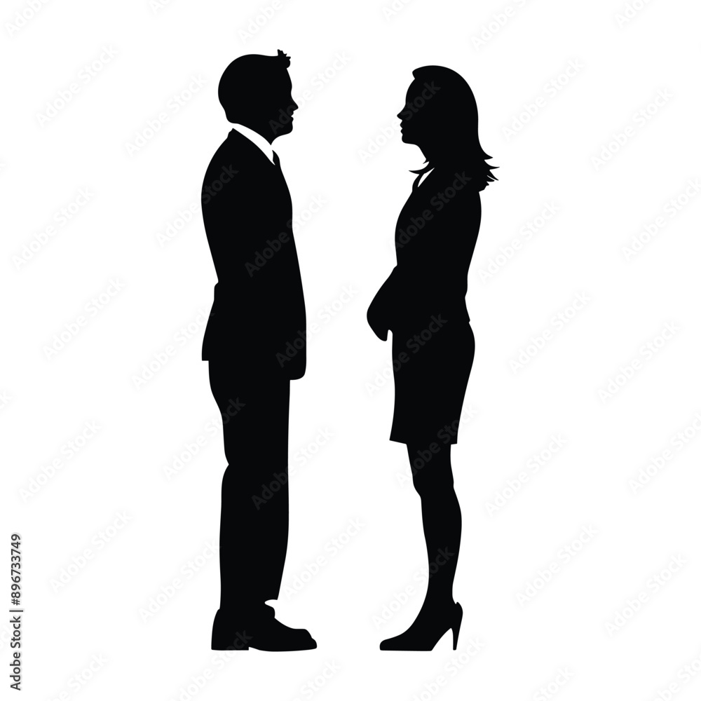 Silhouettes of a man and woman in business attire facing each other. Silhouettes of a man and woman in business attire facing each other.