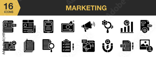 Marketing Glyph icon set. Includes call to action, checklist, content promotion, lead management, and More. Solid icons vector collection.