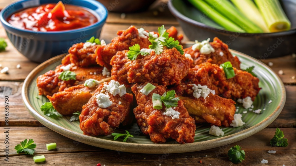 Spicy crimson sauce engulfs a heaping plate of crispy fried chicken wings, garnished with celery sticks and blue cheese crumbles. Spicy crimson sauce engulfs a heaping plate of crispy fried chicken wings, garnished with celery sticks and blue cheese crumbles.