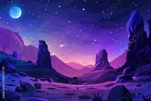 Purple rocky desert landscape with blue moon and falling star photo