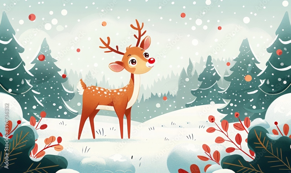 Obraz premium Christmas postcard with cute deer on winter snow forest. Happy Christmas or New Year greeting card or poster with funny reindeer. Children flat cartoon illustration