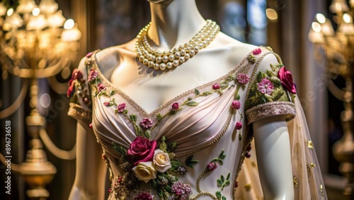 Exquisite silk evening gown with intricate floral embroidery and delicate pearls cascading down a velvet draped mannequin's elegant form.
