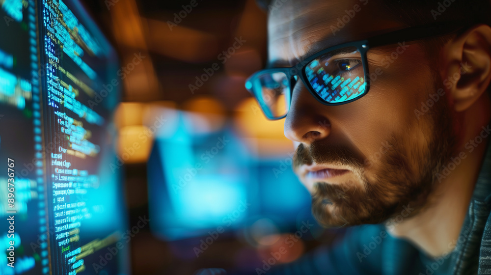 Programmer Working at Computer with Code Reflections in Glasses Programmer Working at Computer with Code Reflections in Glasses