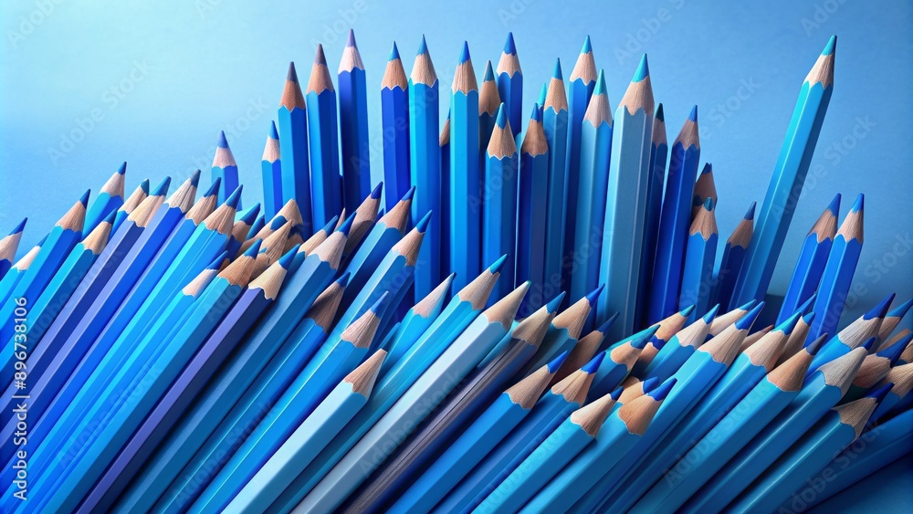 Fototapeta premium Cluttered assortment of blue pencils sprawled unevenly, some standing upright, others leaning haphazardly on a calming blue studio background surface.
