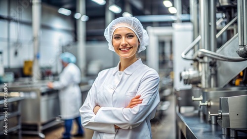 Confident female food factory manager in crisp sterile uniform, hair net, and arms crossed, smiling directly at the camera. photo