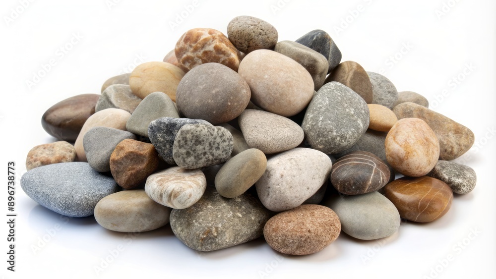 A neatly arranged pile of assorted gray and brown rock stones isolated on a pure white background. A neatly arranged pile of assorted gray and brown rock stones isolated on a pure white background.