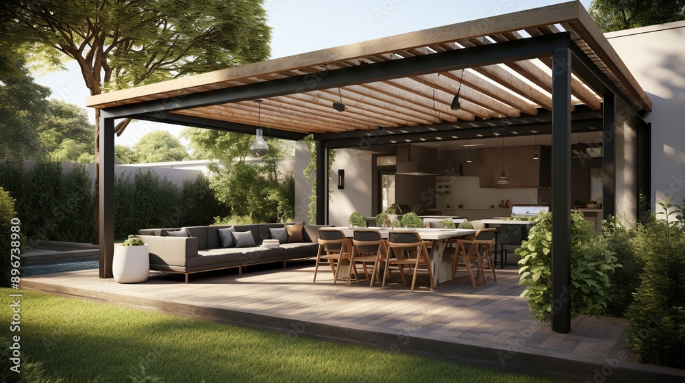 Modern Patio with Wooden Pergola and Dining Area Modern Patio with Wooden Pergola and Dining Area