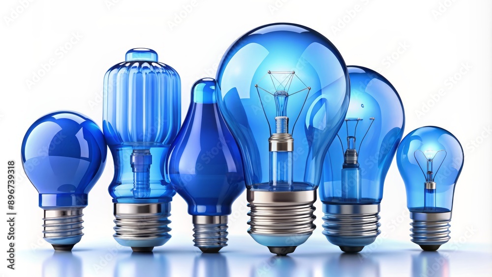 Vibrant blue light bulbs in various shapes and sizes isolated on white background in modern minimalist render style. Vibrant blue light bulbs in various shapes and sizes isolated on white background in modern minimalist render style.