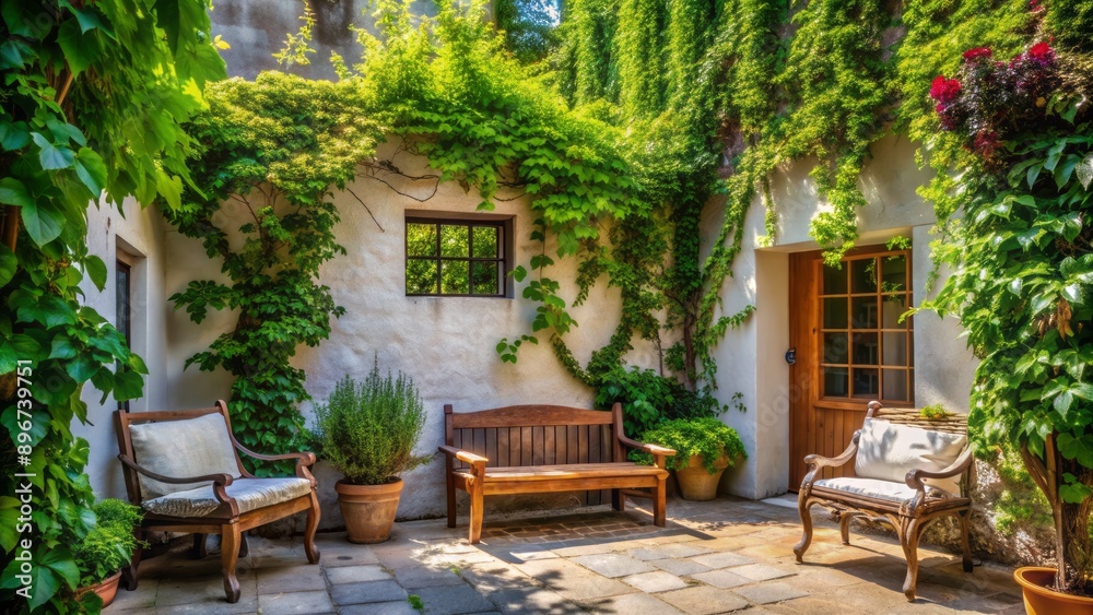 Obraz premium Secluded serene summer courtyard features whitewashed walls, lush green ivy, and rustic wooden bench bathed in warm dappled sunlight.