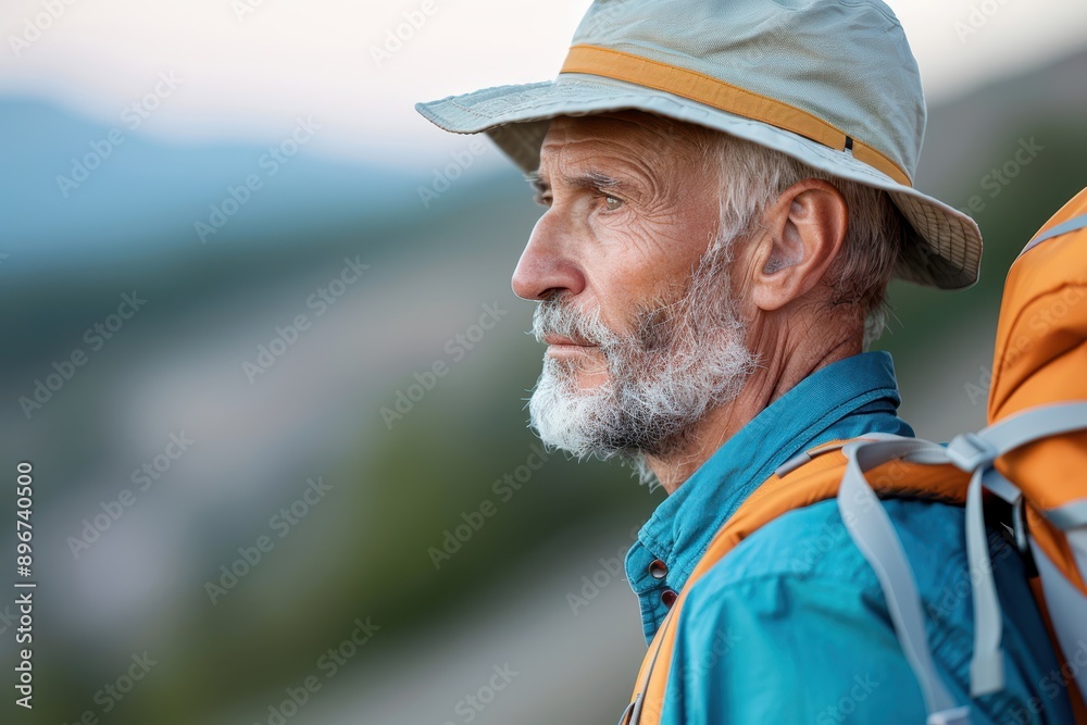Active Senior Man Enjoying Adventure in Nature - Profile View of Retired Hiker with Backpack Exploring Outdoors during Retirement Active Senior Man Enjoying Adventure in Nature - Profile View of Retired Hiker with Backpack Exploring Outdoors during Retirement