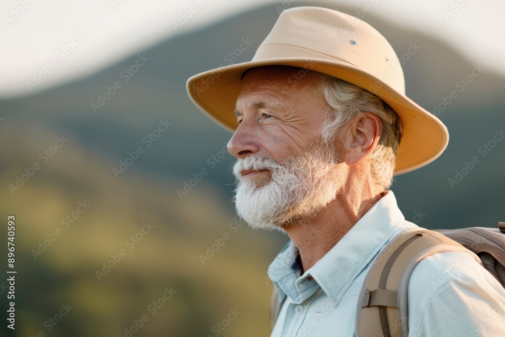 Serene Senior Man Enjoying a Relaxing Nature Walk - Leisurely Retirement Activity in Profile View Serene Senior Man Enjoying a Relaxing Nature Walk - Leisurely Retirement Activity in Profile View