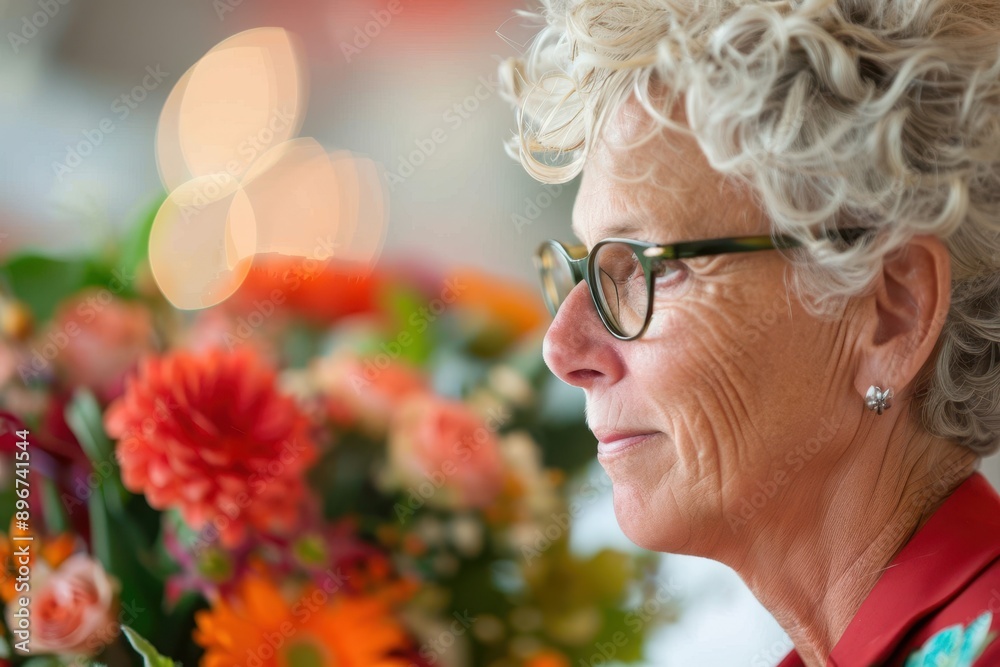 Serene Retired Woman Engaged in Floral Arranging, Tranquil Retirement Hobby Serene Retired Woman Engaged in Floral Arranging, Tranquil Retirement Hobby