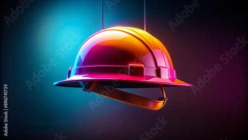 Vibrant neon hard hat suspended in mid-air against a dark background, symbolizing labor and industry with ample copy space. photo