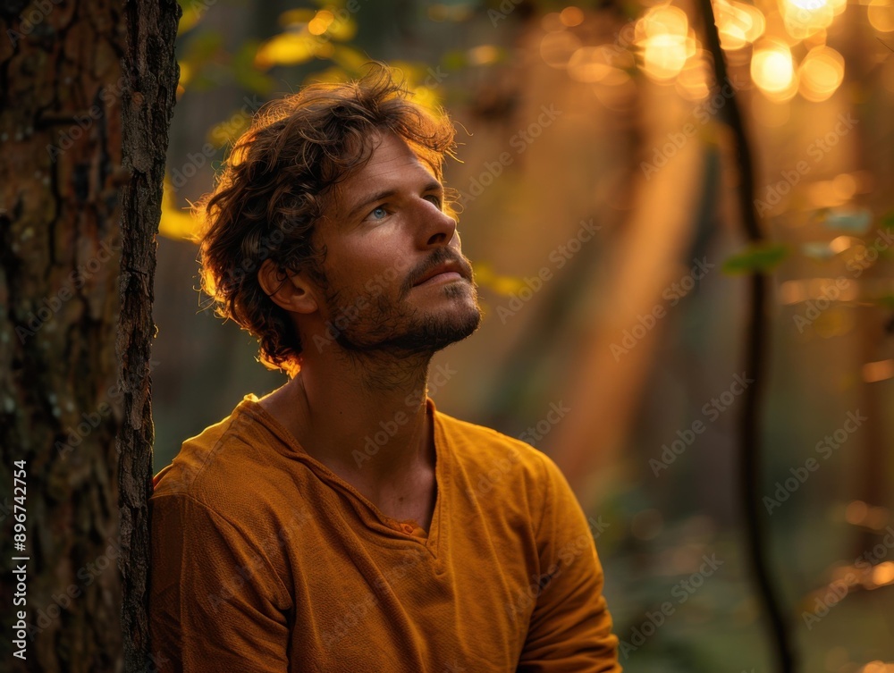 A man in the forest looks up at the golden light. AI. A man in the forest looks up at the golden light. AI.
