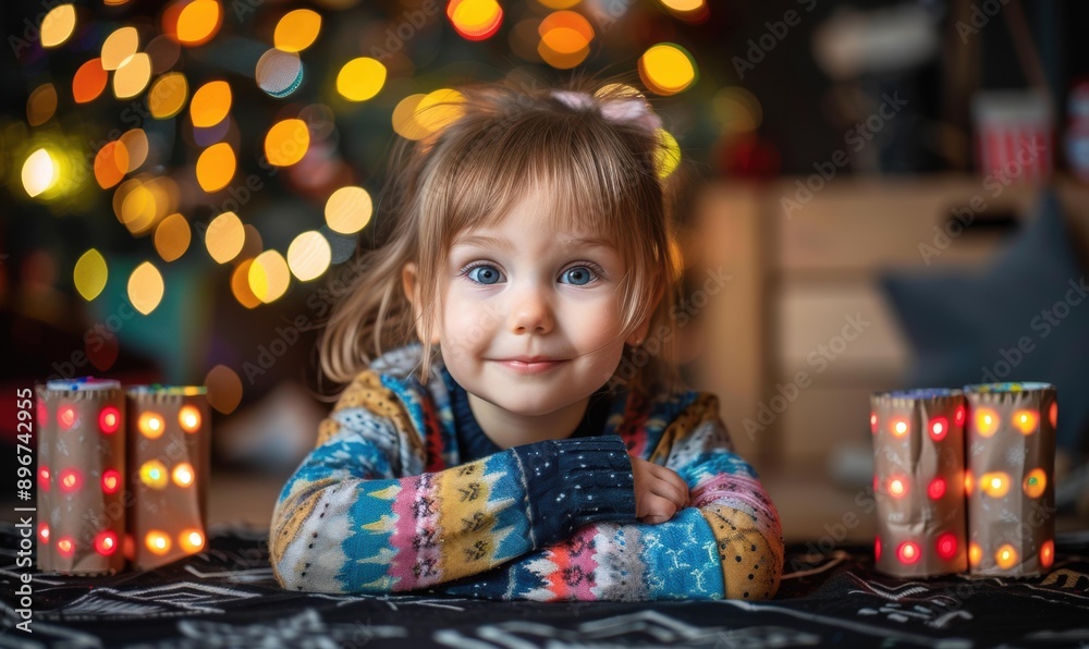 A young girl smiles brightly for the camera, surrounded by festive lights. AI. A young girl smiles brightly for the camera, surrounded by festive lights. AI.