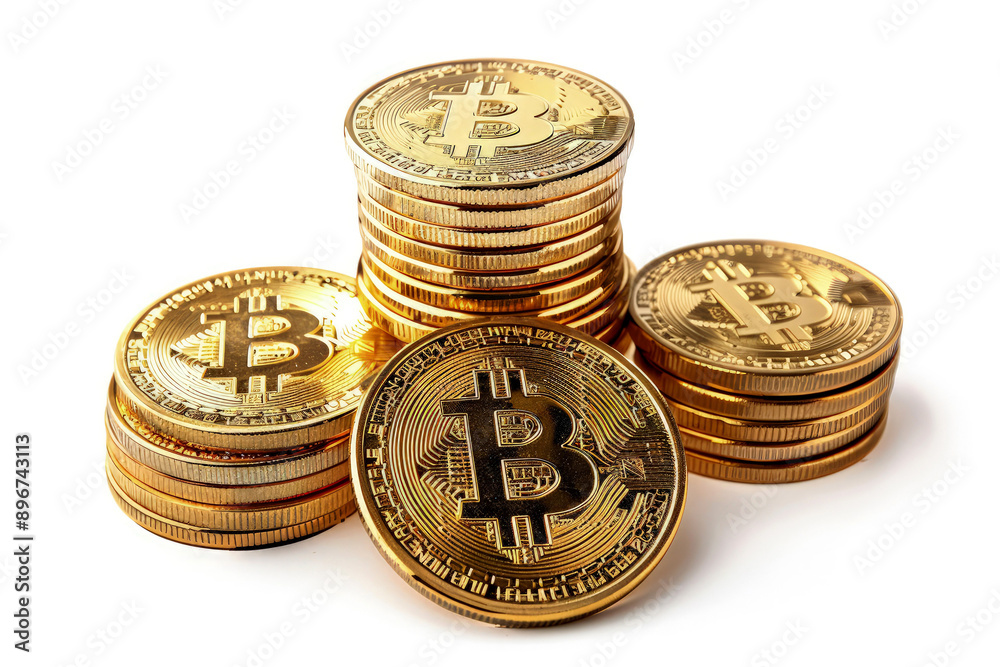 Isolated objects: group of golden bitcoin coins, close-up shot, white background Isolated objects: group of golden bitcoin coins, close-up shot, white background