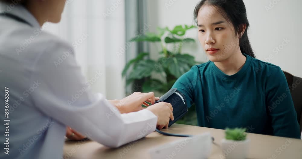 Handheld dolly shot, Asian doctor checks blood pressure and gives advice to young female patient in clinic office, Health and medicine consultant Handheld dolly shot, Asian doctor checks blood pressure and gives advice to young female patient in clinic office, Health and medicine consultant