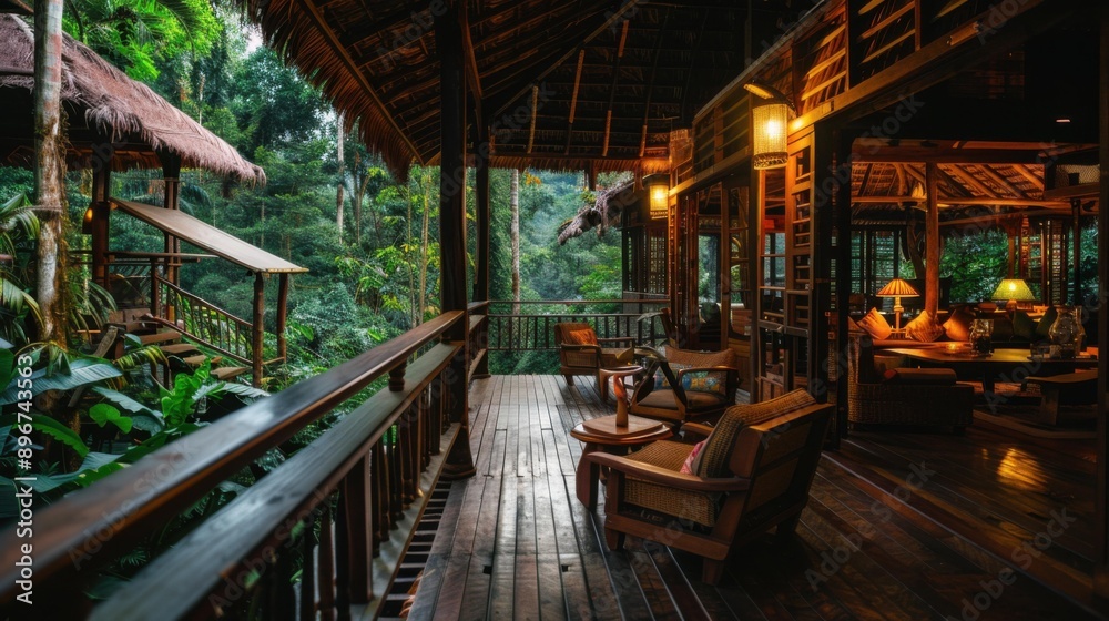 A wooden deck with a view of lush greenery. AI. A wooden deck with a view of lush greenery. AI.