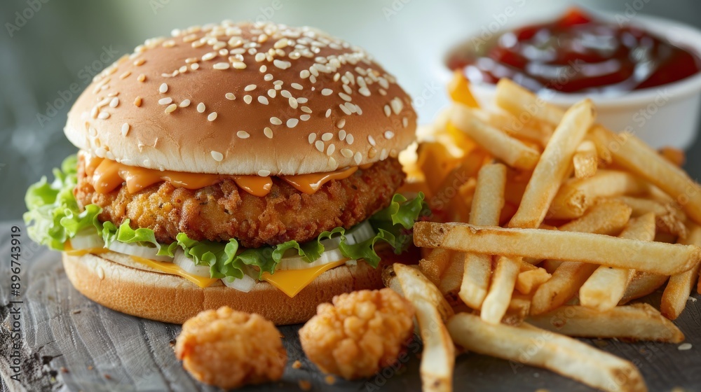 Delicious Burger with French Fries and Nuggets Delicious Burger with French Fries and Nuggets