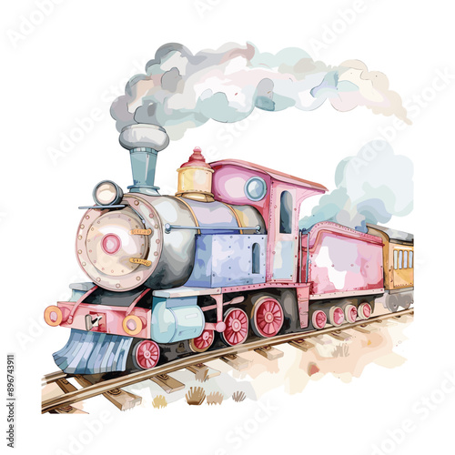 Watercolor illustration of a vintage steam locomotive.