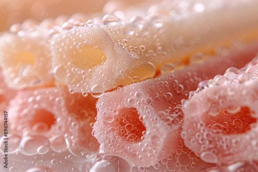 Fototapeta premium Pink and white food submerged in water with air bubbles. AI.