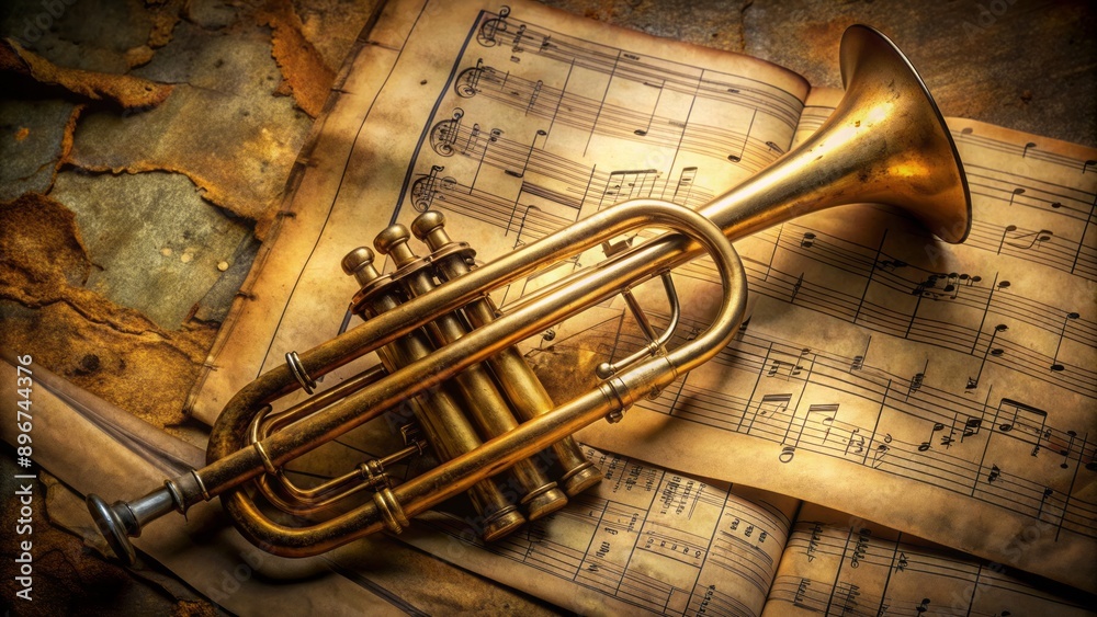 Obraz premium Elegant, worn trumpet rests on aged, yellowed sheet music, evoking nostalgia and sophistication in a timeless, classical music setting.