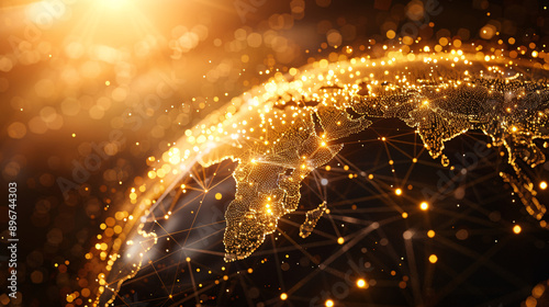 Golden Digital World Globe with Network Connectivity Lines on Clean Background