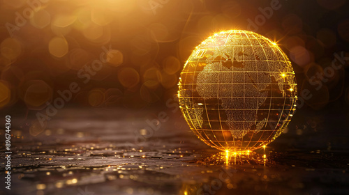 Global Connectivity and Network Systems Concept with Gold Digital Globe on Minimalistic Background for Copy Space