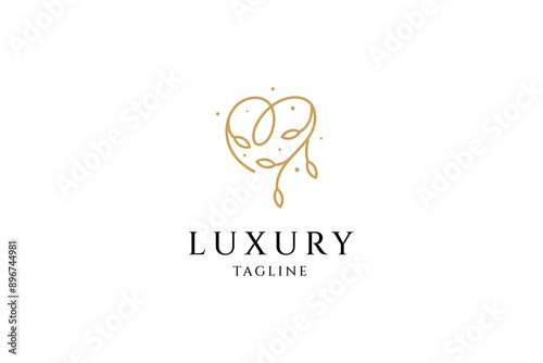 love heart with natural leaf plant combination in gold color line art vector design logo concept