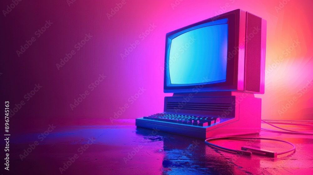 Retro Computer in Neon Light Retro Computer in Neon Light
