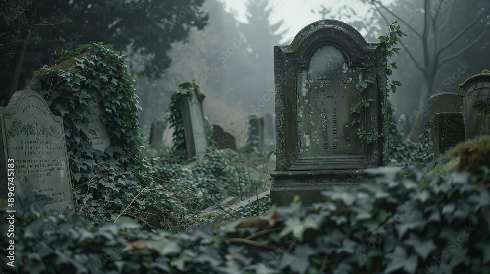 Fototapeta premium Overgrown Gravestones in a Forgotten, Haunted Cemetery