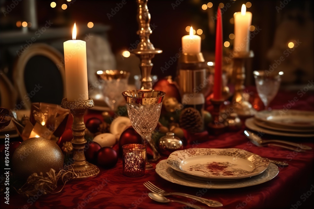 Beautiful Close-Up View of a Christmas Dinner Table, Christmas, dinner, table, close-up, beautiful, holiday Beautiful Close-Up View of a Christmas Dinner Table, Christmas, dinner, table, close-up, beautiful, holiday